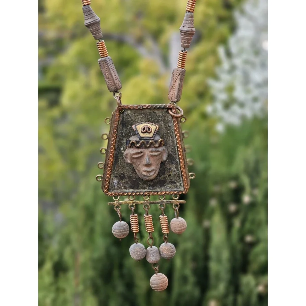 Vintage 1960s-70s Mexico Stamped Mixed Metal Necklace - Maya Ethnic Mask Pendant - Picture 9 of 12